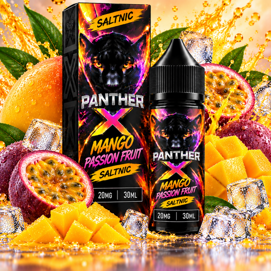 Panther X SaltNic Mango Passion Fruit E-Liquid 20mg 30ml featuring a tropical blend of sweet mango and tangy passion fruit for Premium Vapes UAE.