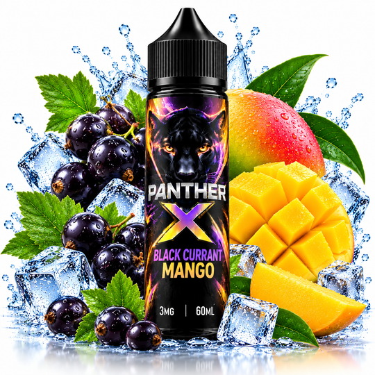 Dr. Vapes Panther X Black Currant Mango E-Liquid 3mg 60ml featuring a fruity blend of tangy black currant and sweet tropical mango for Premium Vapes UAE.