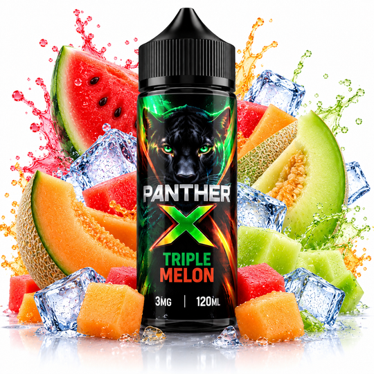 Panther X Triple Melon E-Liquid 3mg 120ml featuring a refreshing blend of three melon flavours for Premium Vapes UAE.