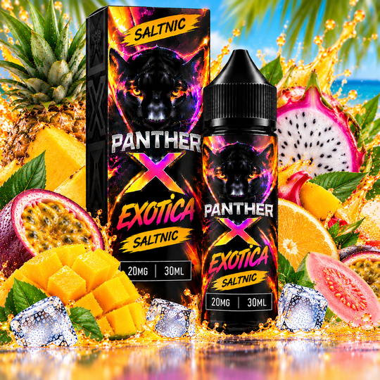Panther X SaltNic Exotica E-Liquid 20mg 30ml featuring vibrant tropical fruit imagery and bold Panther X packaging for Premium Vapes UAE.