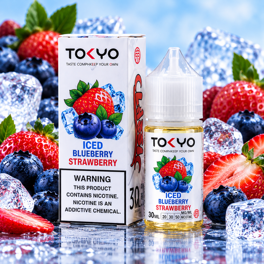 Tokyo Iced Blueberry Strawberry Salt Nic E-Liquid 50mg 30ml bottle and box with fresh blueberries, strawberries, and ice – Premium Vapes Shop.