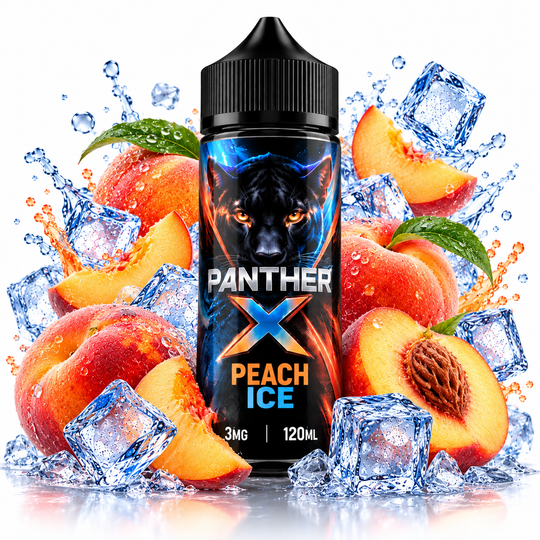 Dr. Vapes Panther X Peach Ice E-Liquid 3mg 120ml featuring a sweet peach flavour with a refreshing icy finish for Premium Vapes UAE.