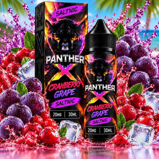Panther X SaltNic Cranberry Grape E-Liquid 20mg 30ml featuring a fruity blend of tart cranberries and sweet grapes with vibrant packaging for Premium Vapes UAE.