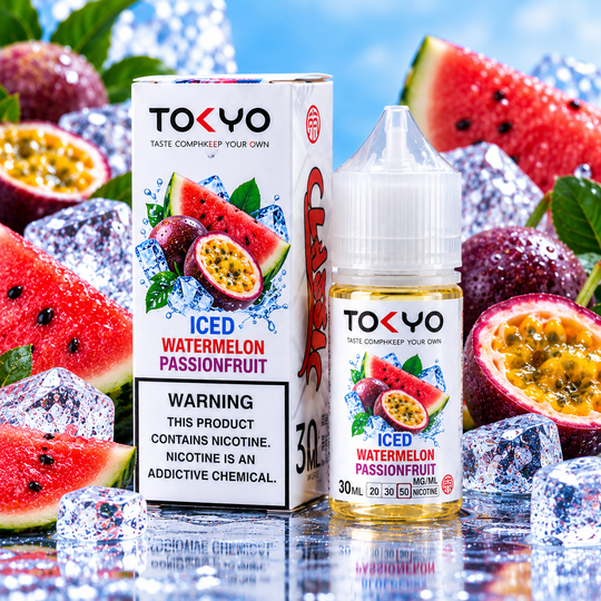 Tokyo Iced Watermelon Passionfruit Salt Nic E-Liquid 30mg 30ml bottle and box with fresh watermelon, passionfruit, and ice – Premium Vapes Shop.