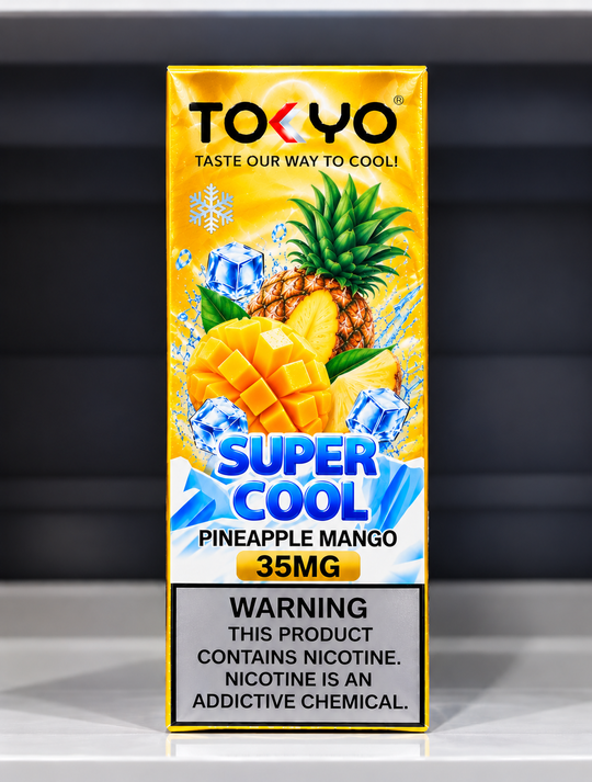 Tokyo Super Cool Pineapple Mango Salt Nic E-Liquid 35mg and 50mg – Tropical pineapple and sweet mango flavour salt nicotine vape juice for Premium Vapes UAE.
