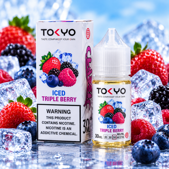 Tokyo Iced Triple Berry Salt Nic E-Liquid 50mg 30ml bottle and box with mixed berries and ice – Premium Vapes Shop.