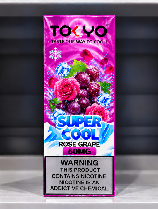 Tokyo Super Cool Rose Grape Salt Nic E-Liquid 50mg – Sweet grape flavour with floral rose notes, salt nicotine vape juice for Premium Vapes UAE.