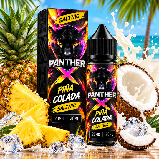 Panther X SaltNic Pina Colada E-Liquid 20mg 30ml featuring a tropical blend of sweet pineapple and creamy coconut for Premium Vapes UAE.