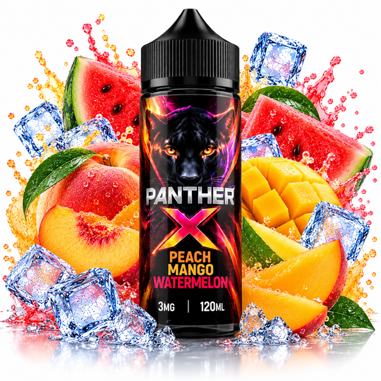 Dr. Vapes Panther X Peach Mango Watermelon E-Liquid 3mg 120ml featuring a fruity blend of sweet peach, tropical mango, and juicy watermelon for Premium Vapes UAE.