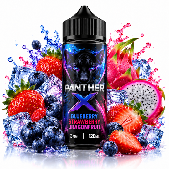 Panther X Blueberry Strawberry Dragon Fruit E-Liquid 3mg 120ml featuring a fruity blend of blueberries, strawberries, and dragon fruit for Premium Vapes UAE.