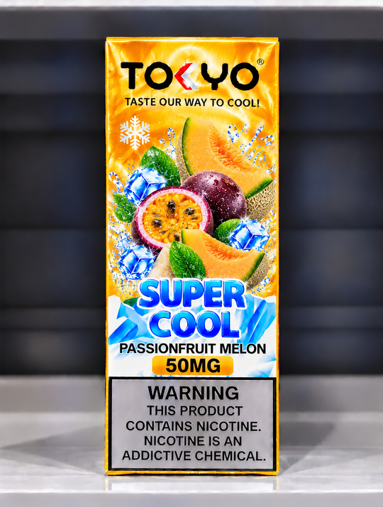 Tokyo Super Cool Passionfruit Melon Salt Nic E-Liquid 50mg – Tropical passion fruit and sweet melon flavour salt nicotine vape juice for Premium Vapes UAE.