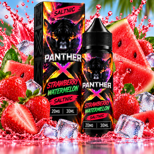 Panther X SaltNic Strawberry Watermelon E-Liquid 20mg 30ml featuring a fruity blend of sweet strawberries and juicy watermelon for Premium Vapes UAE.