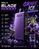 RELX Blade 50000 Grape Ice disposable vape 5% nicotine with 50000 puffs, dual mesh coil and smart LED display available at Premium Vapes UAE