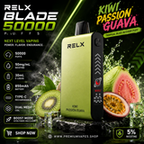 RELX Blade 50000 Kiwi Passion Guava disposable vape 5% nicotine with 50000 puffs, dual mesh coil and smart LED display available at Premium Vapes UAE
