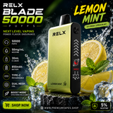 RELX Blade 50000 Lemon Mint disposable vape 5% nicotine with 50000 puffs, dual mesh coil and smart LED display available at Premium Vapes UAE