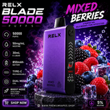 RELX Blade 50000 Mixed Berries disposable vape 5% nicotine with 50000 puffs, dual mesh coil and smart LED display available at Premium Vapes UAE