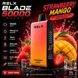RELX Blade 50000 Strawberry Mango disposable vape 5% nicotine with 50000 puffs, dual mesh coil and smart LED display available at Premium Vapes UAE