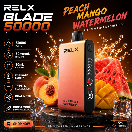 RELX Blade 50000 Peach Mango Watermelon disposable vape 5% nicotine with 50000 puffs, dual mesh coil and smart LED display available at Premium Vapes UAE