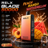 RELX Blade 50000 Peach Mango Watermelon disposable vape 5% nicotine with 50000 puffs, dual mesh coil and smart LED display available at Premium Vapes UAE