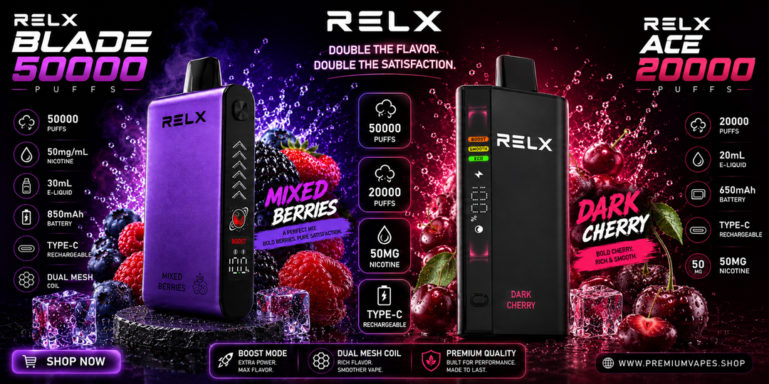 RELX Blade 50000 Puffs & RELX Ace 20000 Puffs Disposable Vapes | Mixed Berries & Dark Cherry | 50mg Nicotine | Premium Vapes UAE | www.premiumvapes.shop