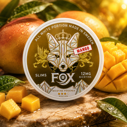 White Fox Mango nicotine pouches (20pcs/Can) featuring a mango flavour design, Premium Vapes Shop UAE