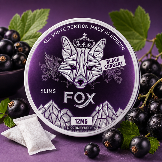 White Fox Black Currant nicotine pouches featuring a black currant flavour design, Premium Vapes Shop UAE .