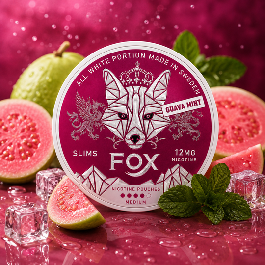 White Fox Guava Mint nicotine pouches featuring a guava and mint flavour design, Premium Vapes Shop UAE .