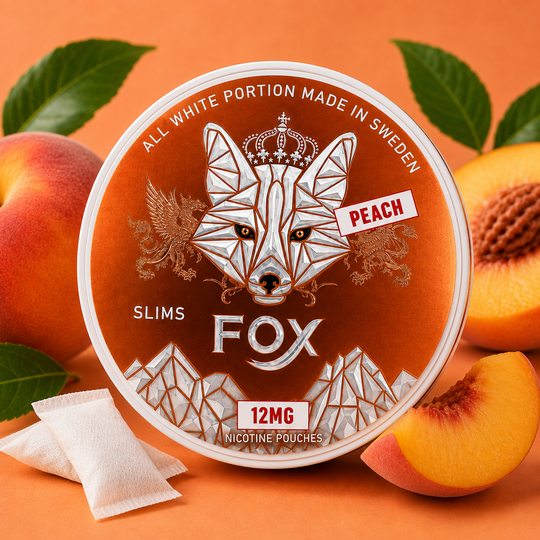 White Fox Peach nicotine pouches featuring a peach flavour design, Premium Vapes Shop UAE .