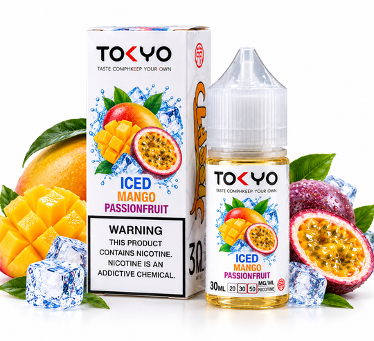 Tokyo Iced Mango Passionfruit Salt Nic E-Liquid 30ml bottle and box with mango, passionfruit, and ice on a white background – Premium Vapes Shop.